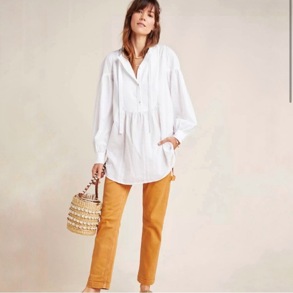 Anthropologie Maeve Size 4 Vivaldi Textured Tie Front Peasant White Tunic Top